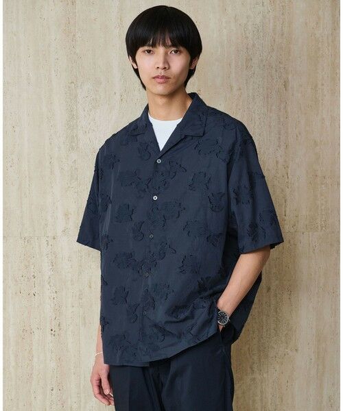 green label relaxing / グリーンレーベル リラクシング シャツ・ブラウス | コットン ジャカード オープンカラー 半袖 シャツ（NAVY）