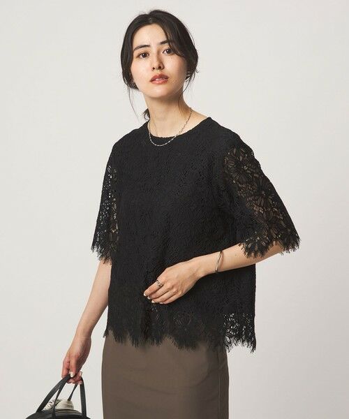 green label relaxing / グリーンレーベル リラクシング シャツ・ブラウス | レース 5分袖 ブラウス（BLACK）