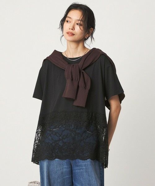 green label relaxing / グリーンレーベル リラクシング カットソー | 【WEB限定】＜at ease＞イレヘム レース ドッキング ショートスリーブ カットソー（BLACK）