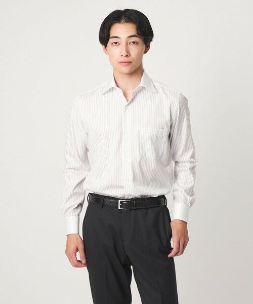 green label relaxing / グリーンレーベル リラクシング シャツ・ブラウス | コットン ツイル ストライプ クレリック ワイドカラー ドレスシャツ -イージーアイロン-(BLACK)