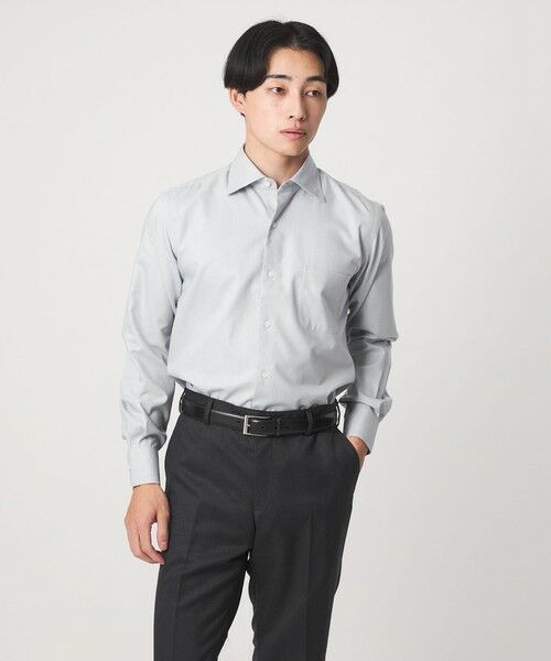 green label relaxing / グリーンレーベル リラクシング シャツ・ブラウス | コットン ヘリンボーン ワイドカラー ドレスシャツ -形態安定-(LT.GRAY)