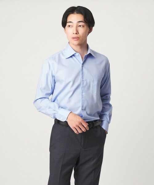 green label relaxing / グリーンレーベル リラクシング シャツ・ブラウス | コットン ヘリンボーン ワイドカラー ドレスシャツ -形態安定-(LT.BLUE)