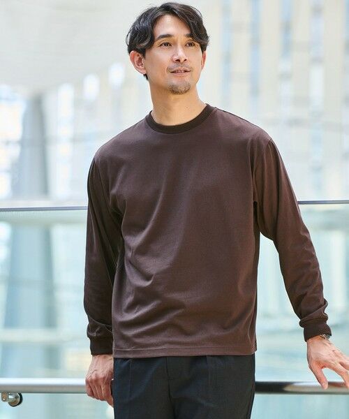 green label relaxing / グリーンレーベル リラクシング カットソー | 【WEB限定】JUST fit デイリー ワイド 長袖 Tシャツ -吸水速乾・抗菌-(DK.BROWN)