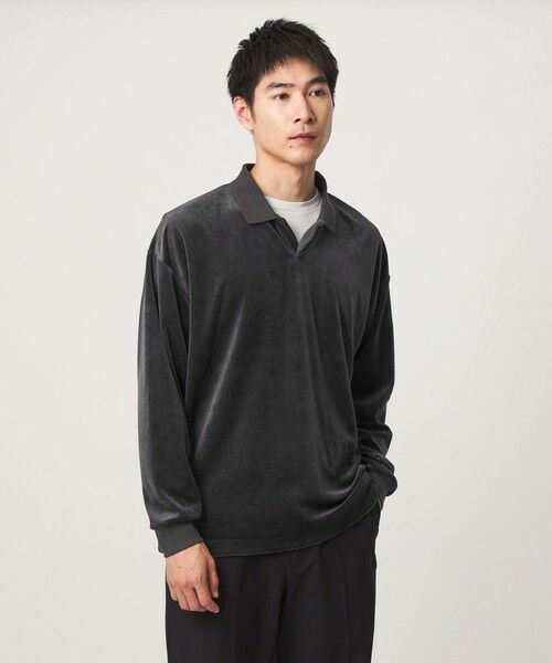 green label relaxing / グリーンレーベル リラクシング カットソー | ベロア スキッパー 長袖 ポロシャツ（DK.GRAY）