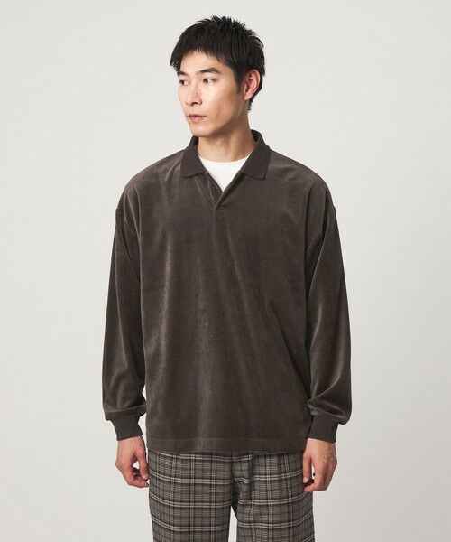 green label relaxing / グリーンレーベル リラクシング カットソー | ベロア スキッパー 長袖 ポロシャツ（DK.BROWN）