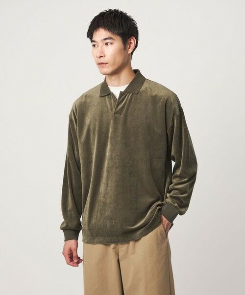 green label relaxing / グリーンレーベル リラクシング カットソー | ベロア スキッパー 長袖 ポロシャツ（OLIVE）