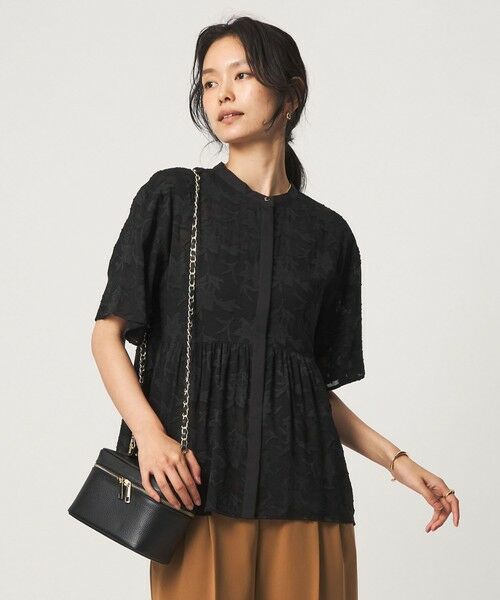 green label relaxing / グリーンレーベル リラクシング シャツ・ブラウス | カット ジャガード 5分袖 ブラウス（BLACK）