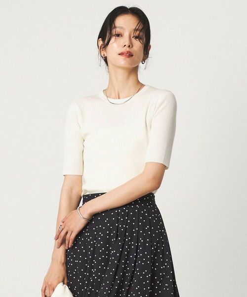 green label relaxing / グリーンレーベル リラクシング ニット・セーター | ＜1_OF MINE＞リブ クルーネック 5分袖 ニット プルオーバー マシンウォッシャブル（WHITE）