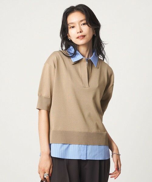 green label relaxing / グリーンレーベル リラクシング ニット・セーター | 2WAY スキッパー シャツ プルオーバー ニット 5分袖（BEIGE）