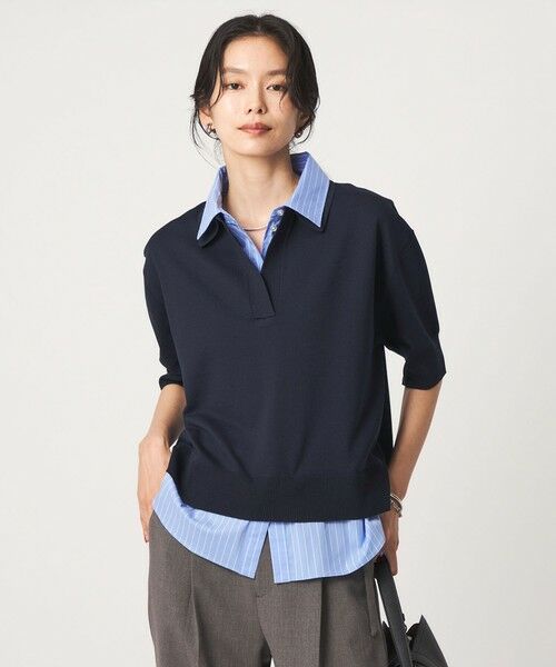 green label relaxing / グリーンレーベル リラクシング ニット・セーター | 2WAY スキッパー シャツ プルオーバー ニット 5分袖（NAVY）