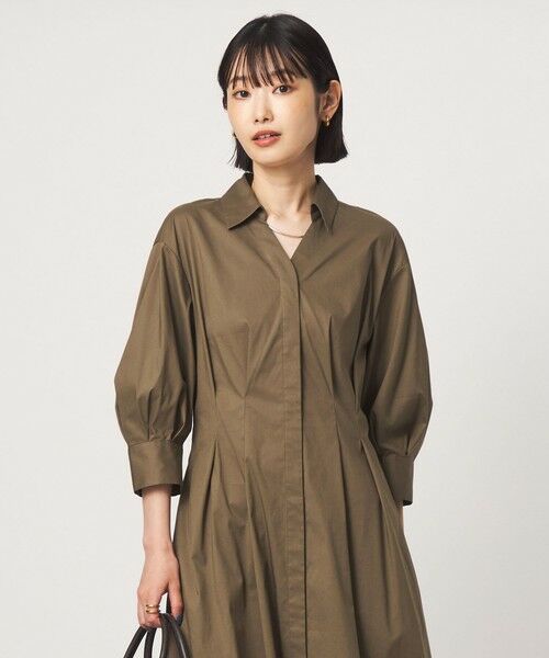 green label relaxing / グリーンレーベル リラクシング ロング・マキシ丈ワンピース | ［size SHORTあり］シャツ襟 フィット＆フレア タック 5分袖 ワンピース（OLIVE）