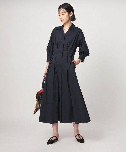 green label relaxing / グリーンレーベル リラクシング ロング・マキシ丈ワンピース | ［size SHORTあり］シャツ襟 フィット＆フレア タック 5分袖 ワンピース（NAVY）