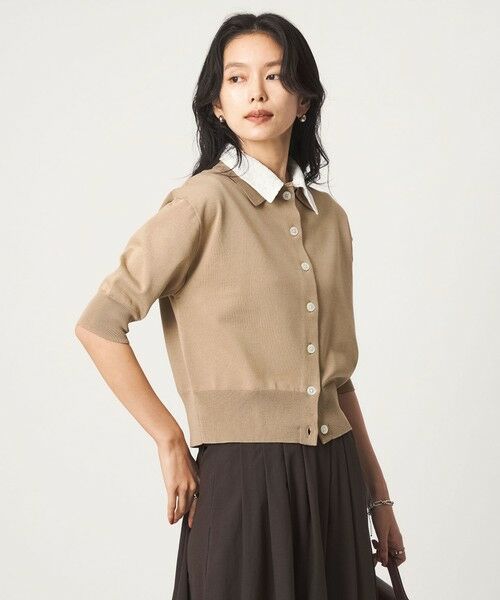 green label relaxing / グリーンレーベル リラクシング カーディガン・ボレロ | 2WAY レース ポロ襟 5分袖 ニット カーディガン（BEIGE）