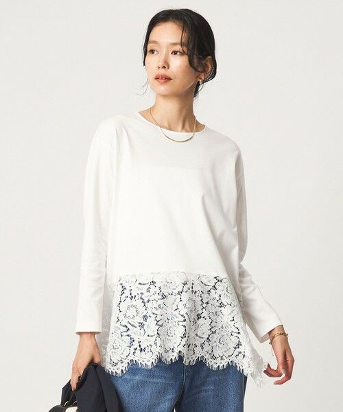 green label relaxing / グリーンレーベル リラクシング カットソー | レース イレヘム プルオーバー カットソー（OFF WHITE）