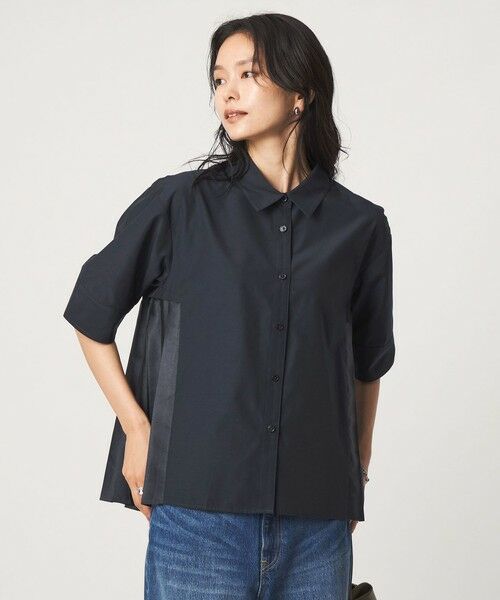 green label relaxing / グリーンレーベル リラクシング シャツ・ブラウス | プリーツ ドッキング ショートスリーブ シャツ(NAVY)
