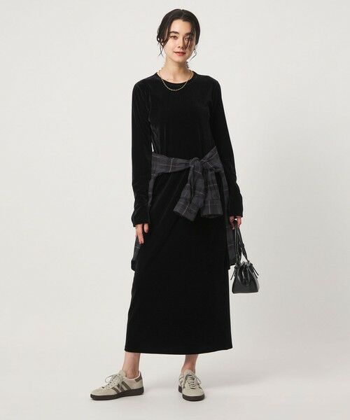 green label relaxing / グリーンレーベル リラクシング ロング・マキシ丈ワンピース | ［size SHORTあり］ベロア ロングスリーブ ワンピース（BLACK）