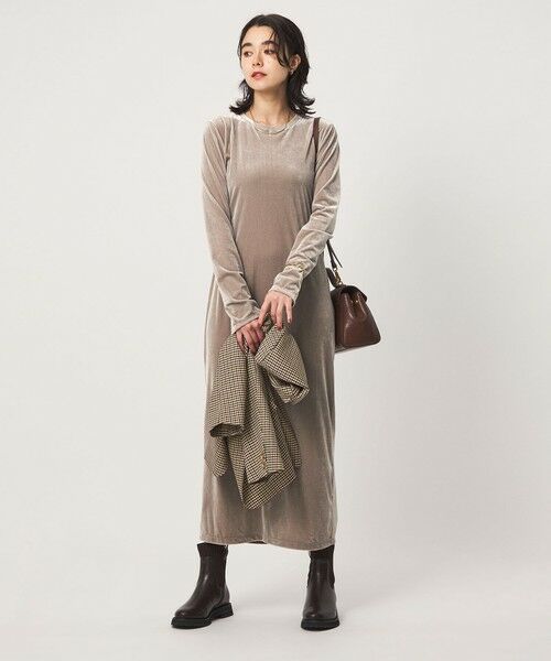 green label relaxing / グリーンレーベル リラクシング ロング・マキシ丈ワンピース | ［size SHORTあり］ベロア ロングスリーブ ワンピース（BEIGE）