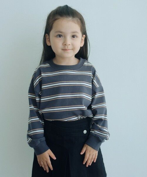 green label relaxing / グリーンレーベル リラクシング カットソー | フトピッチ ボーダー ロングスリーブ Tシャツ / キッズ 100cm-160cm(DK.GRAY)