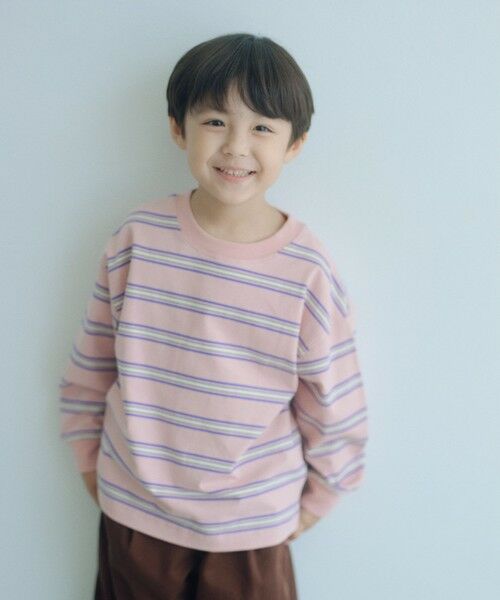 green label relaxing / グリーンレーベル リラクシング カットソー | フトピッチ ボーダー ロングスリーブ Tシャツ / キッズ 100cm-160cm(LT.PINK)