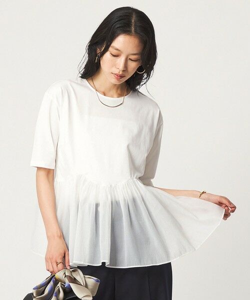 green label relaxing / グリーンレーベル リラクシング カットソー | シアー コンビ 5分袖 プルオーバー カットソー（WHITE）