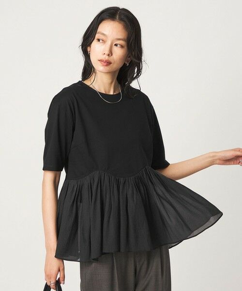 green label relaxing / グリーンレーベル リラクシング カットソー | シアー コンビ 5分袖 プルオーバー カットソー（BLACK）
