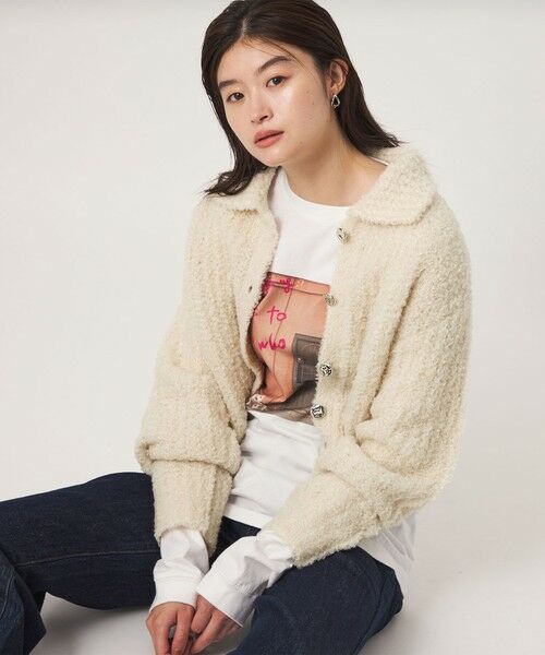 green label relaxing / グリーンレーベル リラクシング カーディガン・ボレロ | ＜GLR_MINE＞フェザー ニット カーディガン（OFF WHITE）