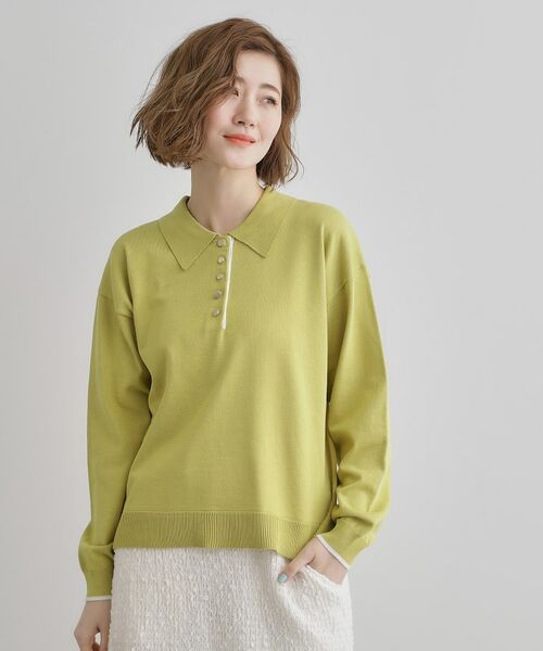 grove/グローブ 配色ポロニットプルオーバー グリーン(023) 05(3L) grove/グローブ 配色ポロニットプルオーバー グリーン(023) 05(3L)