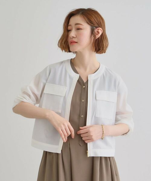 grove / グローブ レザーブルゾン・ジャケット | 麻調ノーカラーシアーブルゾン(オフホワイト(003))