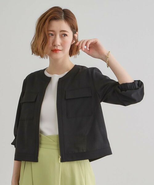 grove / グローブ レザーブルゾン・ジャケット | 麻調ノーカラーシアーブルゾン(ブラック(019))