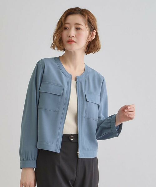 grove / グローブ レザーブルゾン・ジャケット | 麻調ノーカラーシアーブルゾン(ブルー(091))