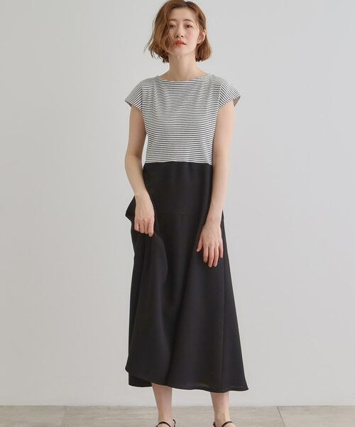 grove/グローブ 美シルエットなドッキングフレア切替ワンピース オフ×ブラック(303) 02(M)