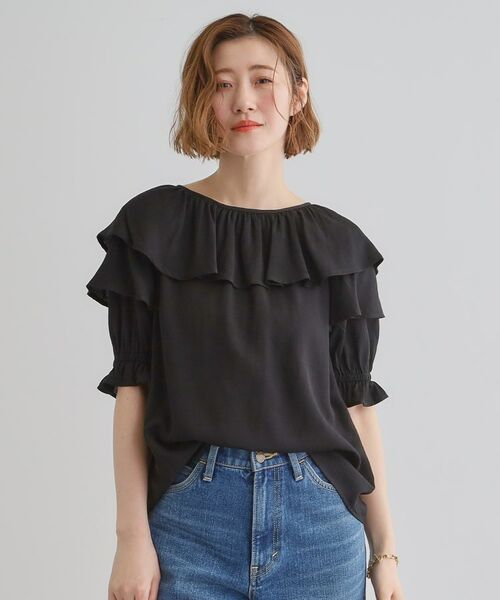 grove / グローブ シャツ・ブラウス | 麻調ダブルフリルブラウス(ブラック(019))
