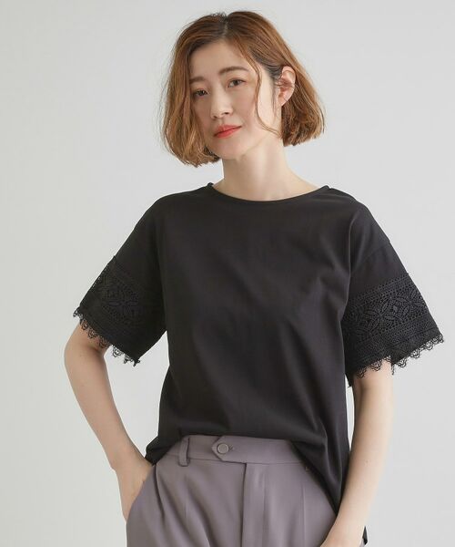 grove / グローブ Tシャツ | 【洗える/二の腕カバー】上品なレースで叶える、きちんと見えの夏Tシャツ(ブラック(019))