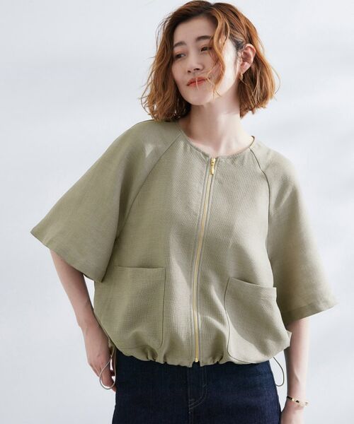 grove / グローブ ノーカラージャケット | 透け感と立体感で魅せる、大人の夏のメッシュワイドスリーブジャケット(カーキ(027))