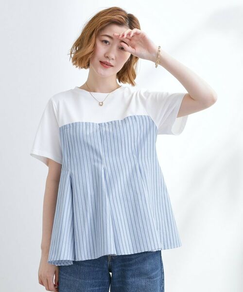 grove / グローブ Tシャツ | 贅沢フレアーが高見え ドッキングビスチェT(ブルー×オフ(391))