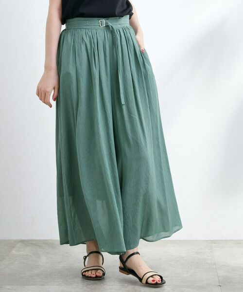 grove / グローブ ショート・ハーフ・半端丈パンツ | 【たっぷりギャザーで体型カバー】スカート見えの軽やかパンツ(グリーン(023))