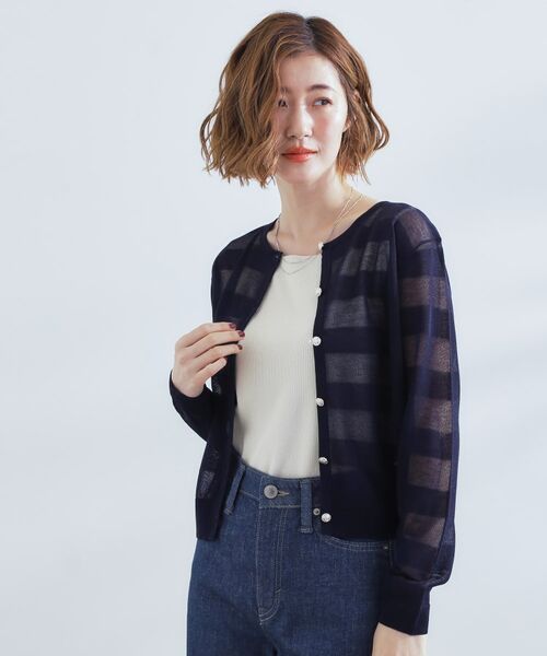 grove / グローブ カーディガン・ボレロ | シアーボーダーカーディガン(ネイビー(094))