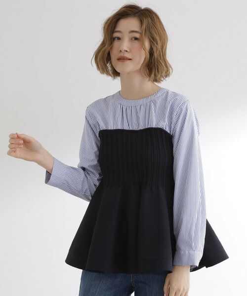 grove / グローブ シャツ・ブラウス | 一枚でトレンド完成!体型カバーも叶うニットビスチェドッキングブラウス(ブルーストライプ×ネイビー(393))
