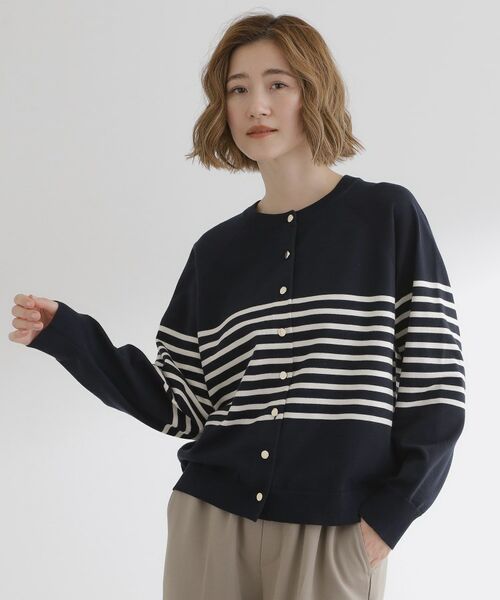 grove / グローブ カーディガン・ボレロ | 【洗える】シンプルに映える、ラグランスリーブカーディガン(ネイビーボーダー(394))