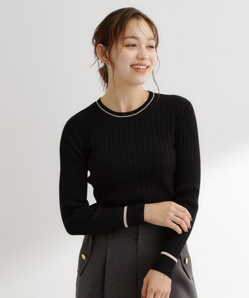 grove / グローブ ニット・セーター | 【毛玉軽減】配色ラインランダムリブニット(ブラック(019))