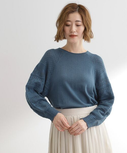 grove / グローブ ニット・セーター | 袖レース編みラグランスリーブニット(ブルーグリーン(097))