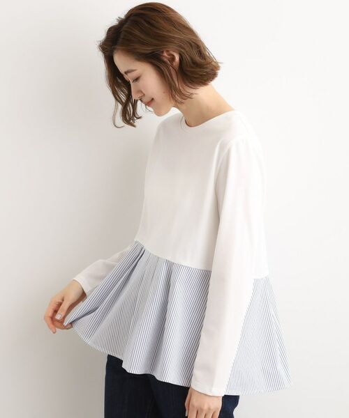 grove / グローブ カットソー | 裾切替タックペプラムTシャツ(ブルーストライプ(393))