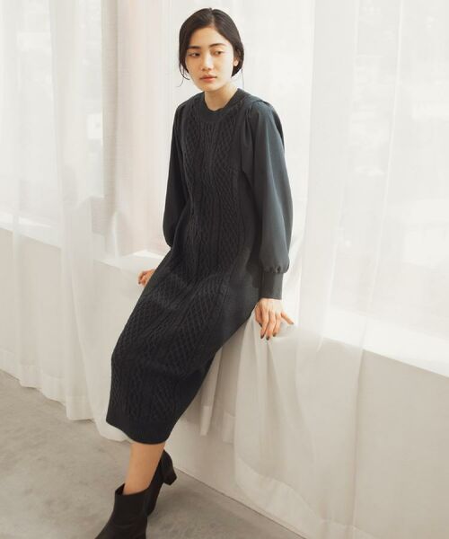 grove / グローブ ロング・マキシ丈ワンピース | 【石川梨華さん着用】一枚で華やぐ、袖布帛ケーブルニットワンピース | 詳細11