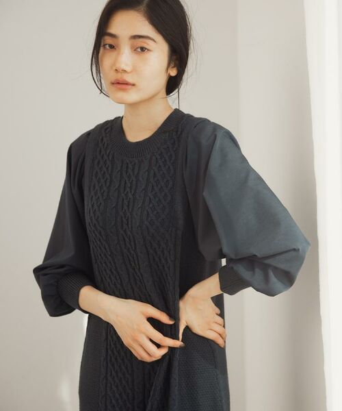 grove / グローブ ロング・マキシ丈ワンピース | 【石川梨華さん着用】一枚で華やぐ、袖布帛ケーブルニットワンピース | 詳細12