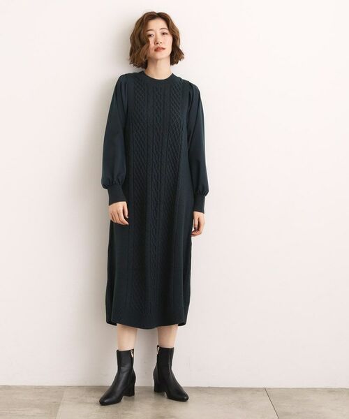 grove / グローブ ロング・マキシ丈ワンピース | 【石川梨華さん着用】一枚で華やぐ、袖布帛ケーブルニットワンピース | 詳細14