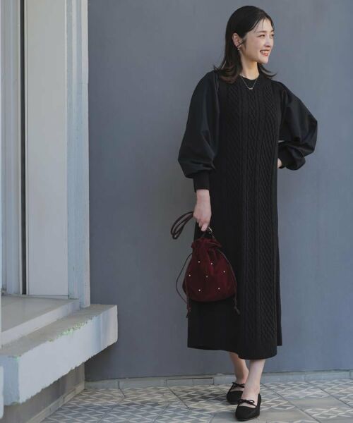 grove / グローブ ロング・マキシ丈ワンピース | 【石川梨華さん着用】一枚で華やぐ、袖布帛ケーブルニットワンピース | 詳細5