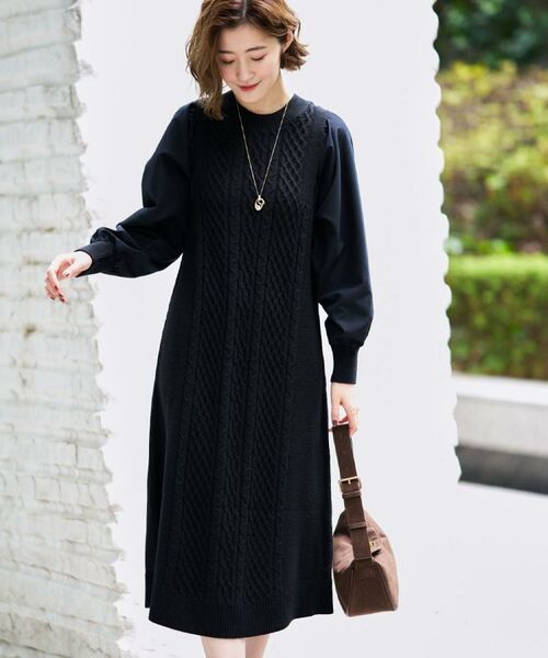 grove / グローブ ロング・マキシ丈ワンピース | 【石川梨華さん着用】一枚で華やぐ、袖布帛ケーブルニットワンピース | 詳細6