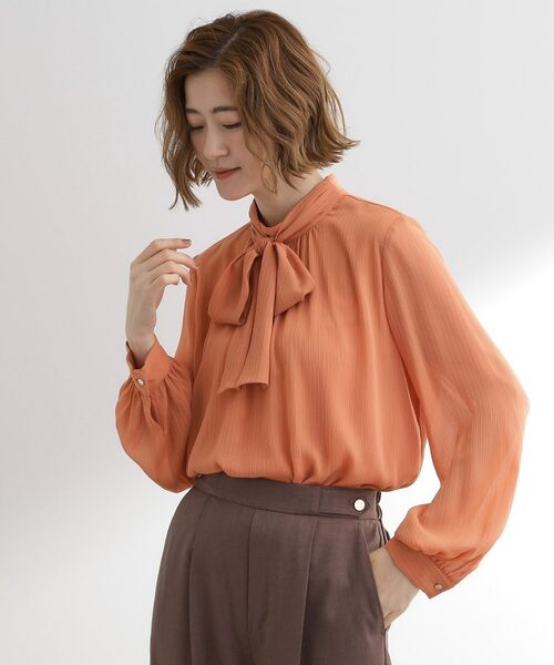 grove / グローブ シャツ・ブラウス | シアーストライプボウタイブラウス(オレンジ(065))