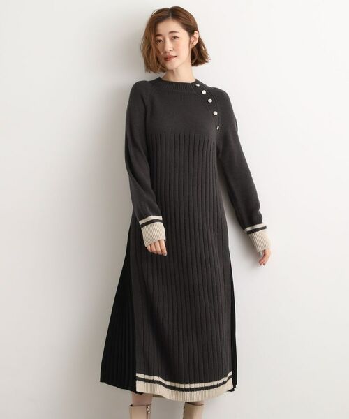 grove/グローブ 【選べる着丈】配色サイドプリーツニットワンピース チャコールグレー(514) 03(L) grove/グローブ 【選べる着丈】配色サイドプリーツニットワンピース チャコールグレー(514) 03(L)