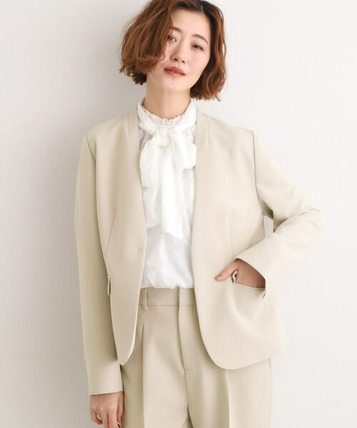 grove / グローブ ノーカラージャケット | 【マシンウォッシュ/防シワ】Wクロスノーカラージャケット(グレージュ(050))